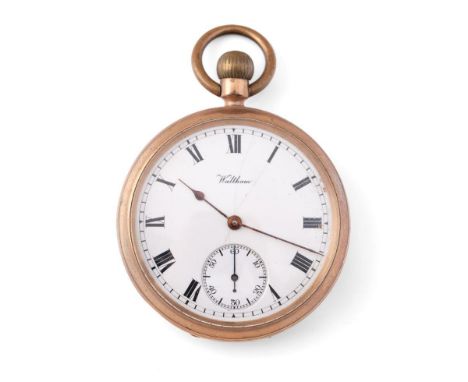 A 9ct gold cased, keyless wind Waltham pocket watch the signed white enamel dial, with Roman numerals, minute track, subsidia