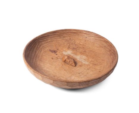 Robert 'Mouseman' Thompson large oak fruit bowl, carved mouse to centre, 29cm diameter.  Displays well, generally good, water