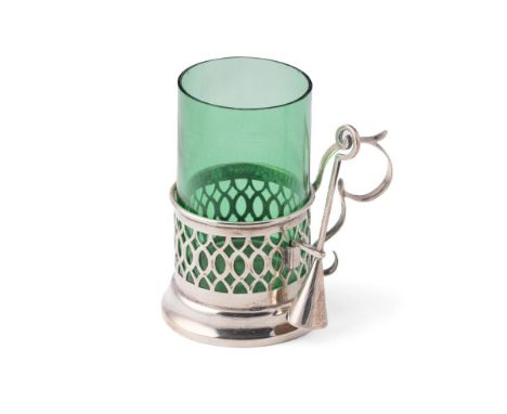 Silver and green glass chamber stick, pierced decoration, scrolled handle, with silver snuffer, London 1901, 10cm tall.  In g