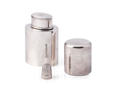 A silver travelling tea-caddy, of oval cylindrical form, with gilt interior to the body and lid, armorial engraved, Cornelius