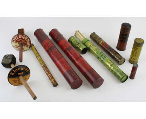 A collection of vintage advertising 'Kleenff'  mop (The Cooker Cleaner) applicators, 'Eureka' knitting pins, 'Fields' lightin