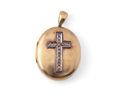 A 15ct gold cased locket set with eighteen old cut diamonds in cross formation, with blue enamel border, unmarked but testing