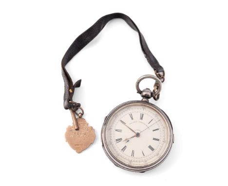 A silver cased Decimal Chronograph, the enamel face with minute track, and degrees, number 2003, maker JW, with 9ct gold fob,