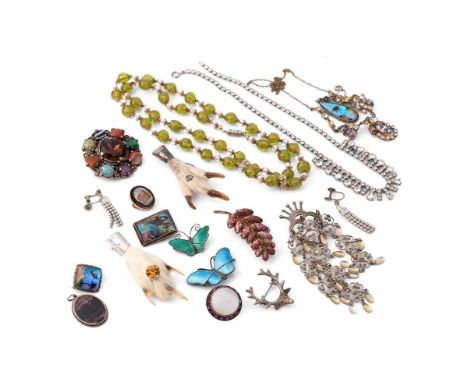 A group of silver and semi-precious jewellery, including a Blue John pendant set in silver, a Scottish hardstone brooch, two 