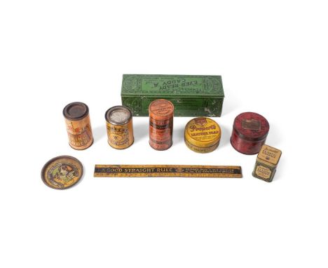 A good collection of early advertising tins to include a 'Ferris &amp; Co' 'Ever-Ready Caddy "A" for all kinds of surgical dr
