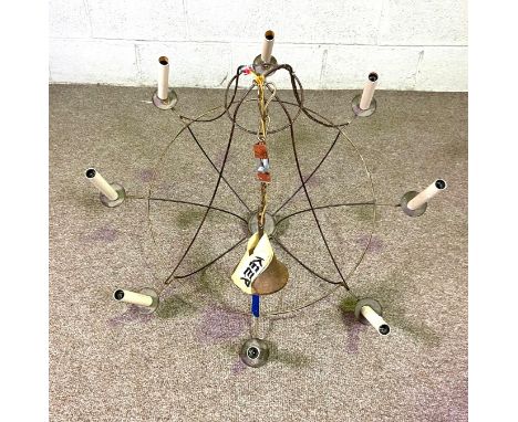 A pair of eight light iron basket chandeliers, modern, with ceiling mounts (not tested)