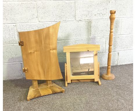 A contemporary ash wood and burr veneered jewellery and trinket stand, with asymmetrical door fitted with drawers, a mirror a