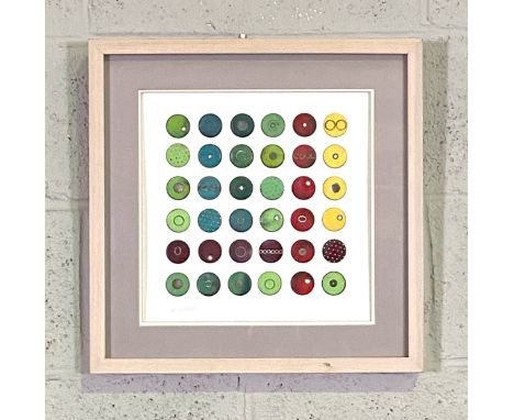 Gilly Langton, Contemporary, Abrstract, mixed media, coloured discs on paper, signed LL, 30cm x 30cm; also a Contemporary pai