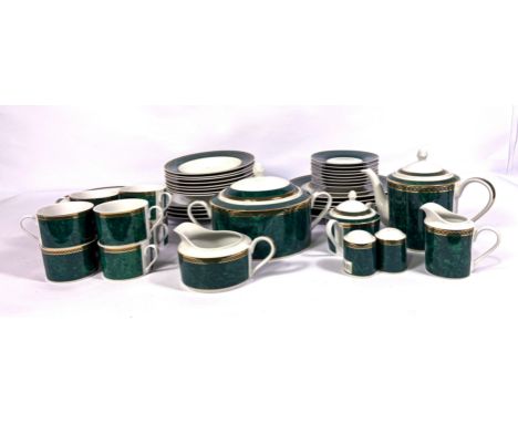 A Tudor (TTC) ceramic part tea service, modern, with green and gold decoration, including a tea pot, milk jug, covered bowls,