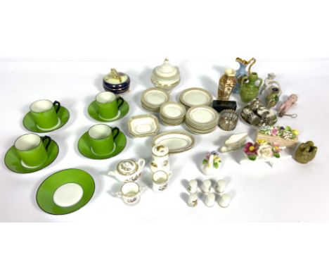 An assortment of ceramics, including a child's decorative miniature dinner service and tea service; also four coffee cans and