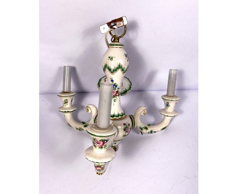 A Meissen style pendant three light chandelier fitting, with scrolled and decorated arms and a baluster stem