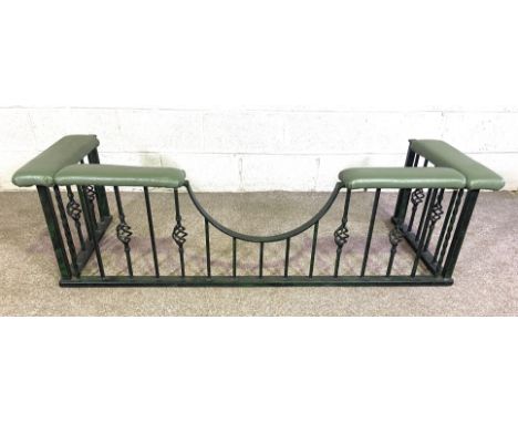 A vintage wrought iron club fender, with padded top and forged iron uprights, including half moon fire access.&nbsp; Dimensio
