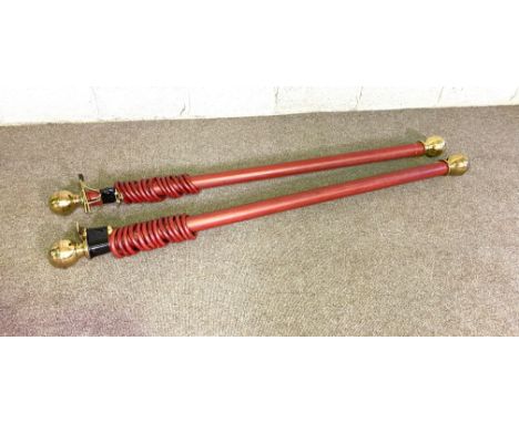 Pair of vintage curtain poles with heavy brass finials and 12 rings each; 150cm long by 6cm diameter (2)
