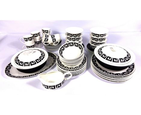 A stylish Wedgwood black and white bone china dinner service, decorated with Greek Key bands, including covered tureens, asso