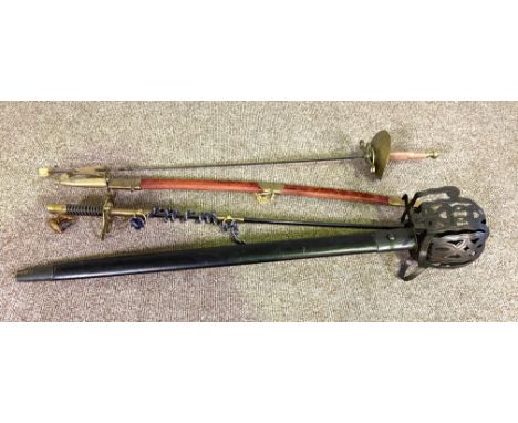Four assorted swords, including a vintage style fencing rapier; a reproduction Scottish basket hilt sword; a sabre and a repr