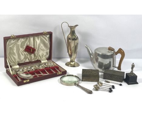 Assorted metal ware, including a silver plated magnifying glass, a set of coffee spoons, two trinket boxes etc (a lot)