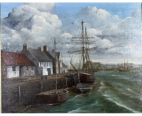 Five assorted pictures, including Scottish landscapes, including a harbourside view, with shipping at rest, oil and a small s