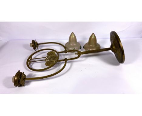 An Art Nouveau gilt metal and lustre glass pendant light, with two 'Artichoke Heart' glass shades, early 20th century   