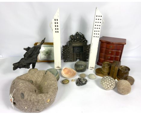 Assorted decorative items, including various Contemporary felt decorative balls; a small trinket chest; a press metal miniatu