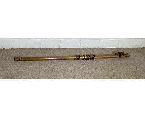 A vintage wooden curtain pole with wooden finials and 12 rings; 210cm x 6cm diameter