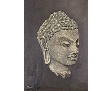 Caroline Shea, Contemporary, “Head of the Buddha, Sarnath, India (from 6th Century original stone carving) oil on board, 36cm