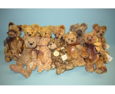 Charlie Bears: Darcy; Adele; Philomena; Matilda; Button; Ellie; Ava; Ava; Little D; and Pippin; all with labels and cloth bag