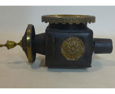 A 19th century carriage lamp with brass detailing and finial with red glass panel, H: 34cm, W: 12.5cm, D: 15cm 