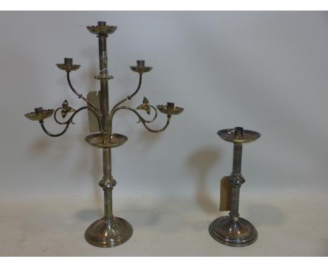 A silver plated four branch five light candelabra, with floral scrolling branches on knopped stem, H.65cm, together with a si