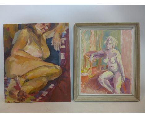 Two nude oil studies, comprising 1 framed oil on canvas of a seated nude, 49 x 39cm, and an oil on board, 60 x 50cm 