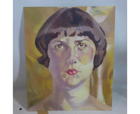 An oil on board of a portrait of a lady with a bob haircut on a yellow ground, unsigned, 61 x 51cm 