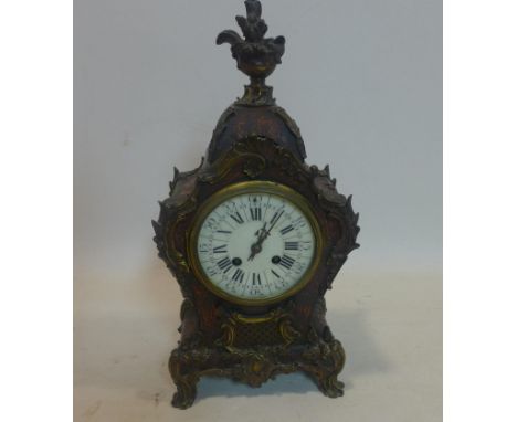 A 19th century, French boulle mantle clock with white enamel dial, black Roman and Arabic numerals with pendulum, H: 40cm, W: