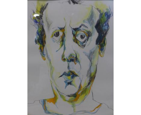 Melanie Griffin (Contemporary), A framed and glazed pen and mixed media portrait of composer Philip Grass, 36 x 30cm 