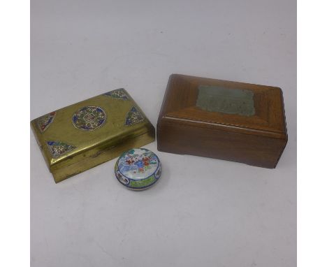 A 19th century Chinese hardwood box inset with period jade plaque, H.7 W.16 D.10cm, together with a chinese enameled brass bo