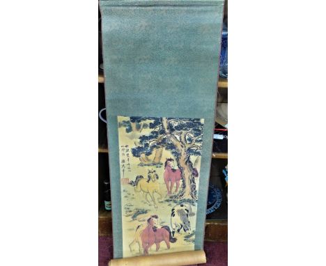 A Chinese scroll depicting horses, in box 