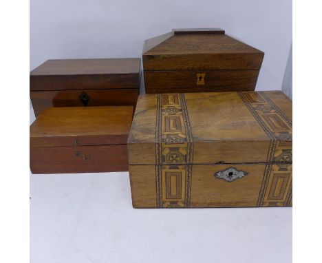 A Regency rosewood box together with a 19th century mahogany tea caddy, a Tunbridge ware inlaid box and a small mahogany box 