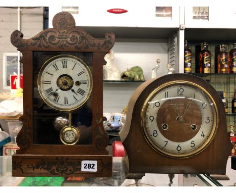 GERMAN PAINTED CASE SHELF CLOCK AND A MID 20TH CENTURY 8 DAY CHIMING MANTLE CLOCK