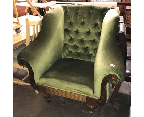 WILLIAM IV GREEN  BUTTON BACK UPHOLSTERED READING CHAIR WITH OUTSWEPT ARMS ON FLUTED TAPERED  BULBOUS LEGS