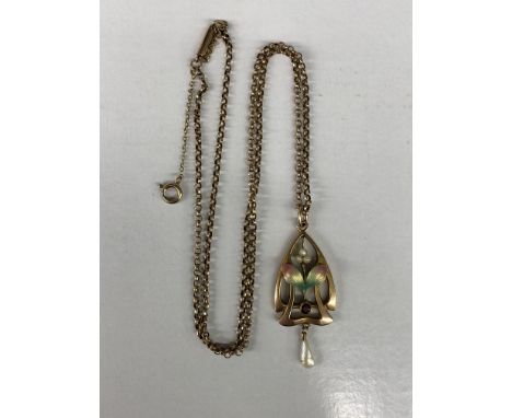 9CT GOLD ART NOUVEAU ENAMEL RUBY AND SEED PEARL PENDANT ON A ROLLED GOLD BELCHER LINK CHAIN 6.4G APPROX (SAFETY CHAIN A/F)