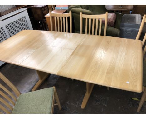 ERCOL LIGHT ELM DINING TABLE AND FOUR CHAIRS