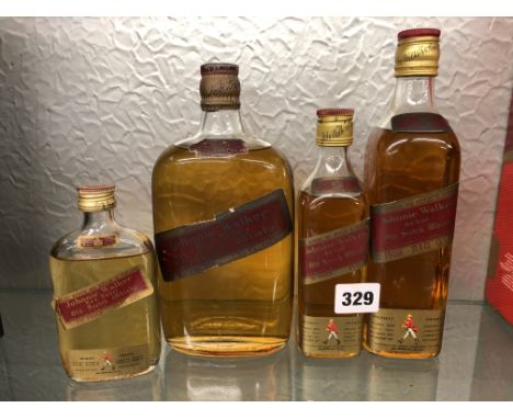 FOUR UNBOXED JOHNNIE WALKER RED LABEL OLD SCOTCH WHISKY: ONE 3 1/3 FL OZ, ONE - 6 2/3 FL OZ, TWO - 13 1/3 FL OZ