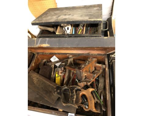 THREE BOXES OF VINTAGE TOOLS INCLUDING PLANE, SAWS, GAUGE