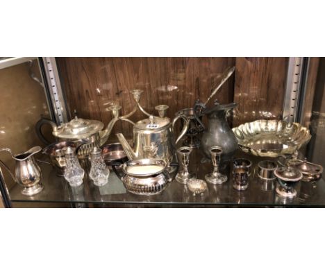 SHELF OF EPNS AND PLATED TEAPOTS, MILK JUGS, DWARF CANDLESTICKS, MUSTARD AND NAPKIN RINGS