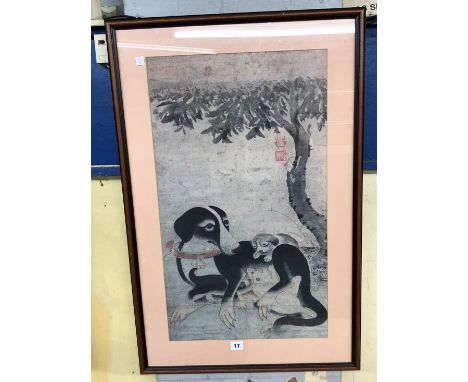 WOOD BLOCK PRINT OF DOG WITH PUPPIES 79 X 50CM APPROX