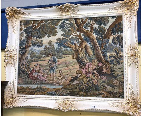 PASTORAL TAPESTRY LANDSCAPE PANEL IN GILDED SWEPT FRAME 76 X 54CM APPROX
