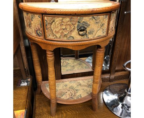 TAPESTRY TOPPED DEMI LUNE SIDE TABLE WITH CENTRAL DRAWER