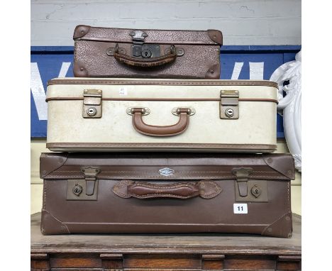THREE VINTAGE SUITCASES AND A LLOYD LOOM LINEN BIN