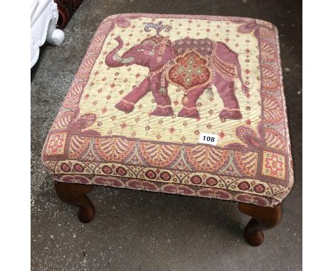 CABRIOLE LEG INDIAN ELEPHANT TAPESTRY UPHOLSTERED FABRIC STOOL