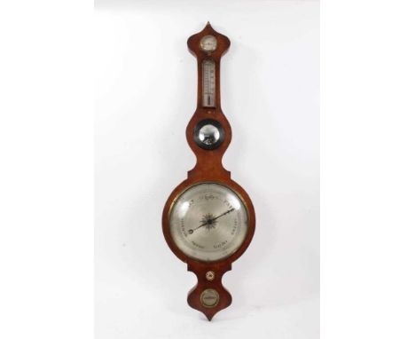 Mid 19th century banjo barometer thermometer in mahogany case with silvered dials and convex mirror panel 102 cm high
