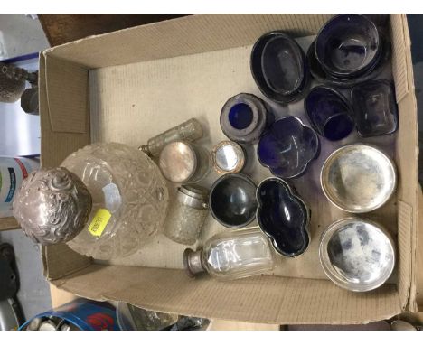 Large cut glass silver topped scent bottle of globular form together with plated salts and liners