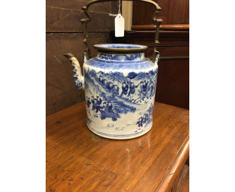 19th century chinese blue and white porcelain teapot of large size, brass handle and mounts, character mark to base